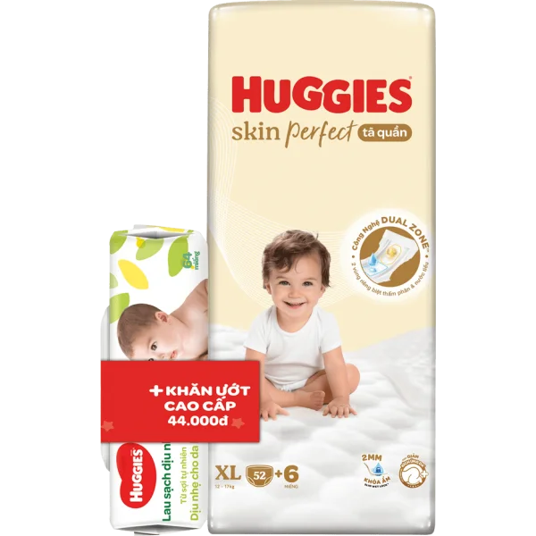 Tã quần Huggies SkinPerfect Pants (XL, 12-17kg, 52+6 miếng)  + QT khăn ướt