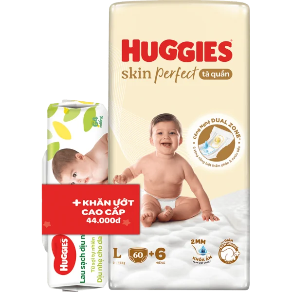 Tã quần Huggies SkinPerfect Pants (L, 9-14kg, 60+6 miếng)  + QT khăn ướt