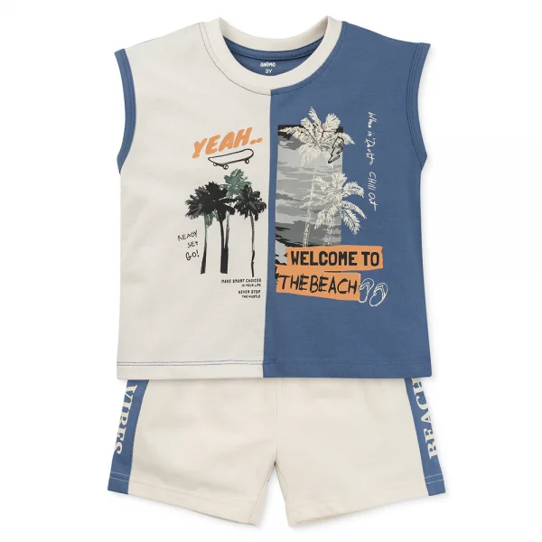 Bộ bé trai ngắn sát nách Bst Aloha Animo HN0625006 (1-6Y,Kem-dương,TT02)