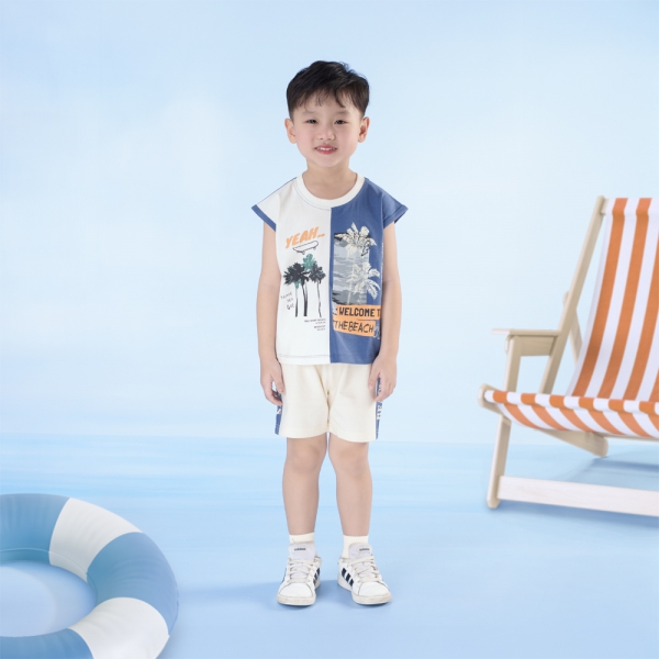 Bộ bé trai ngắn sát nách Bst Aloha Animo HN0625006 (1-6Y,Kem-dương,TT02)