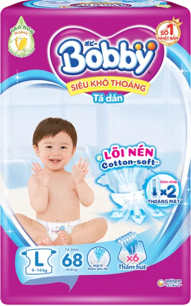 Bỉm tã dán Bobby siêu thấm size L, 68 miếng (9-13kg)
