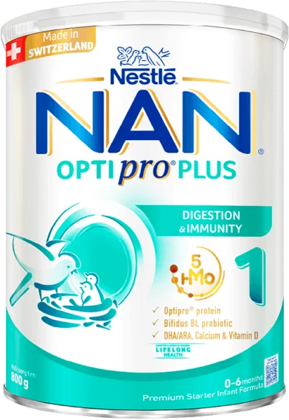 Sữa Nan Optipro PLUS 1 800g, với 5HMO, sản xuất tại Thụy Sỹ (0-6 tháng) (Giao bao bì ngẫu nhiên)