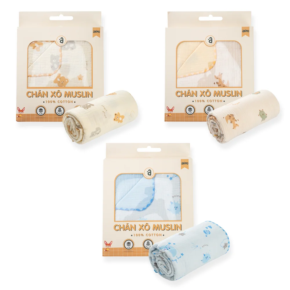 Chăn xô nhăn Cotton 4 lớp cao cấp Animo T2304_NBA002 (75x100cm,1 cái,Giao màu ngẫu nhiên)