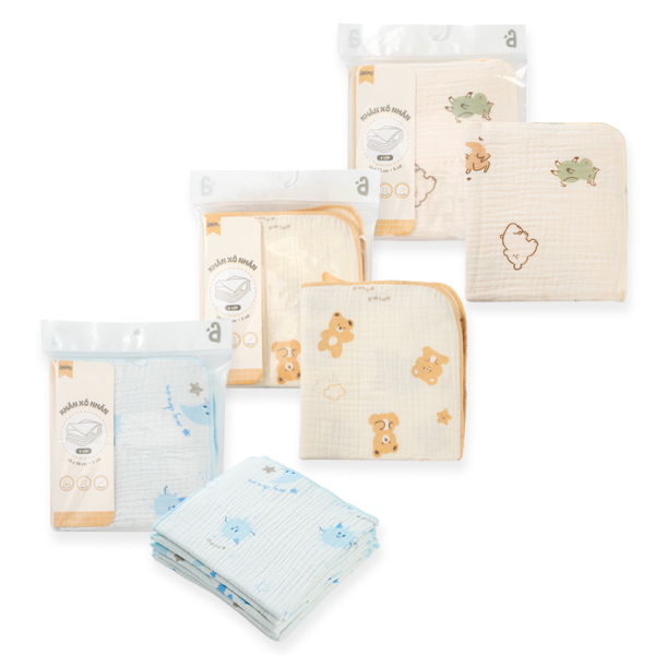 Khăn sữa xô nhăn Cotton 4 lớp Animo T2304_NBA001 (25x28cm,5 cái,Giao mẫu ngẫu nhiên)