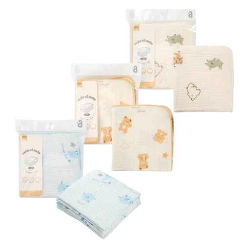 Khăn sữa xô nhăn Cotton 4 lớp Animo T2304_NBA001 (25x28cm,5 cái,Giao mẫu ngẫu nhiên)