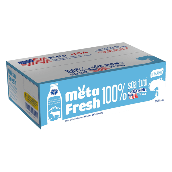 Sữa tươi ít đường bổ sung sữa non Metafresh 180ml, lốc 4 hộp