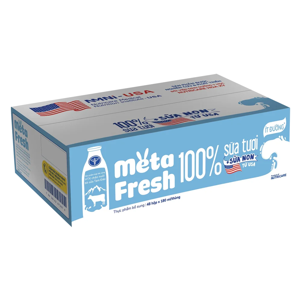 Thùng sữa tươi ít đường bổ sung sữa non Metafresh 180ml, lốc 4 hộp