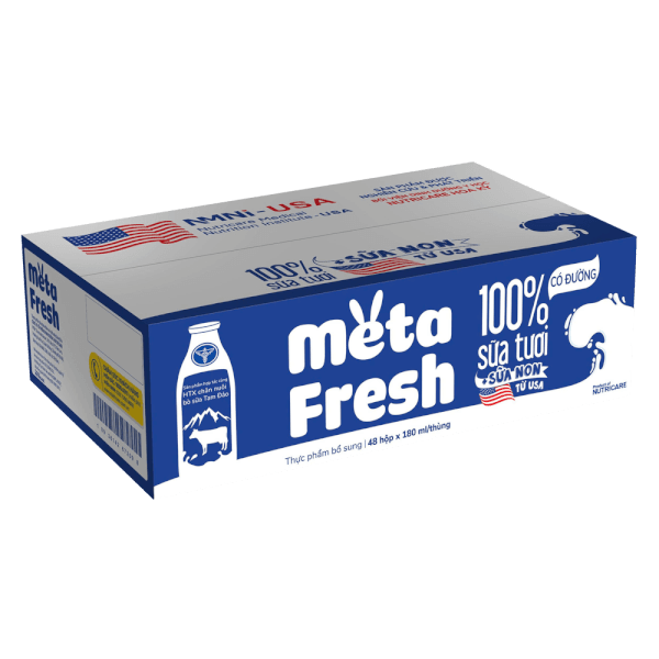 Thùng sữa tươi có đường bổ sung sữa non Metafresh 180ml, lốc 4 hộp