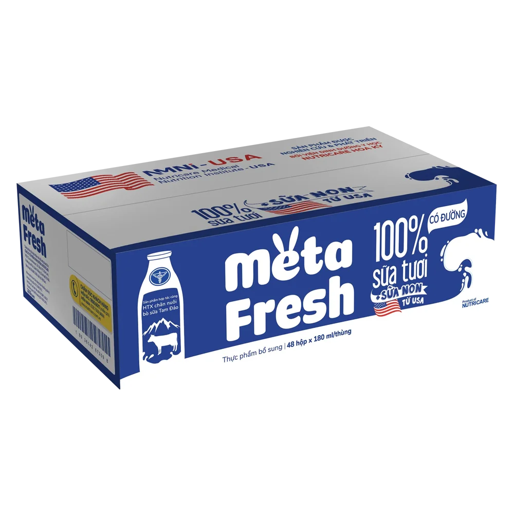 Thùng sữa tươi có đường bổ sung sữa non Metafresh 180ml, lốc 4 hộp