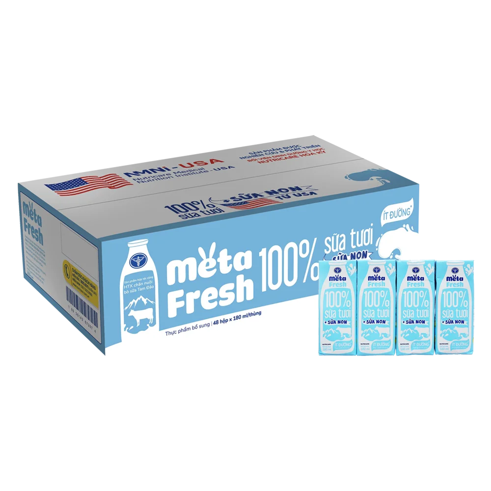 Thùng sữa tươi ít đường bổ sung sữa non Metafresh 180ml, lốc 4 hộp