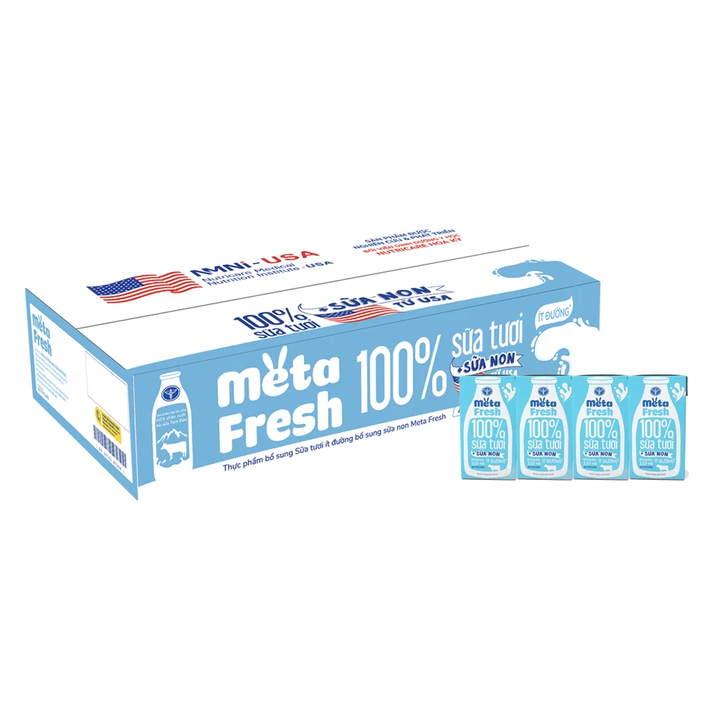 Thùng sữa tươi ít đường bổ sung sữa non Metafresh 110ml, lốc 4 hộp