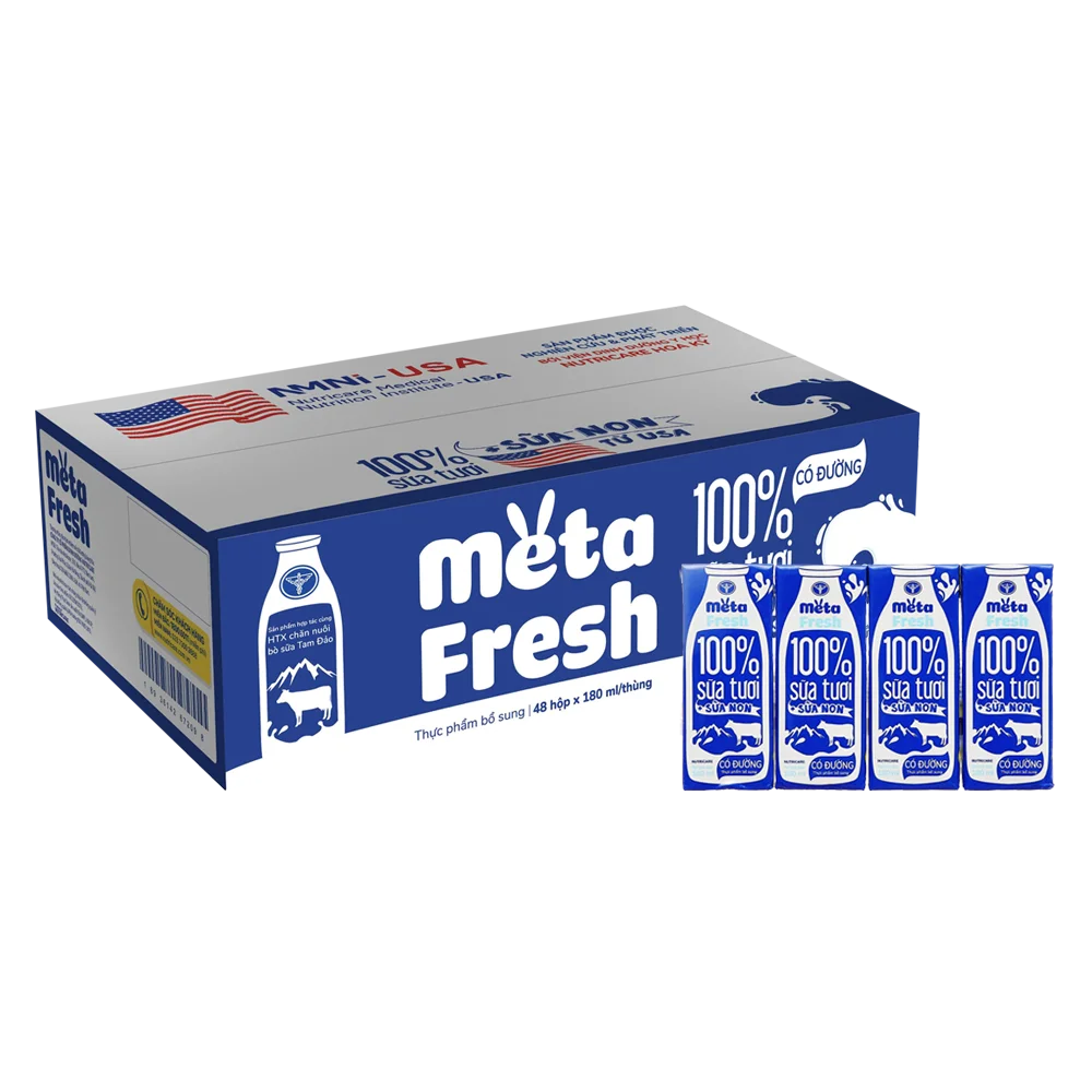 Thùng sữa tươi có đường bổ sung sữa non Metafresh 180ml, lốc 4 hộp