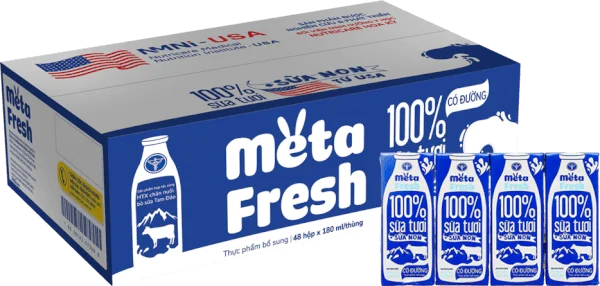 Thùng sữa tươi có đường bổ sung sữa non Metafresh 180ml, lốc 4 hộp