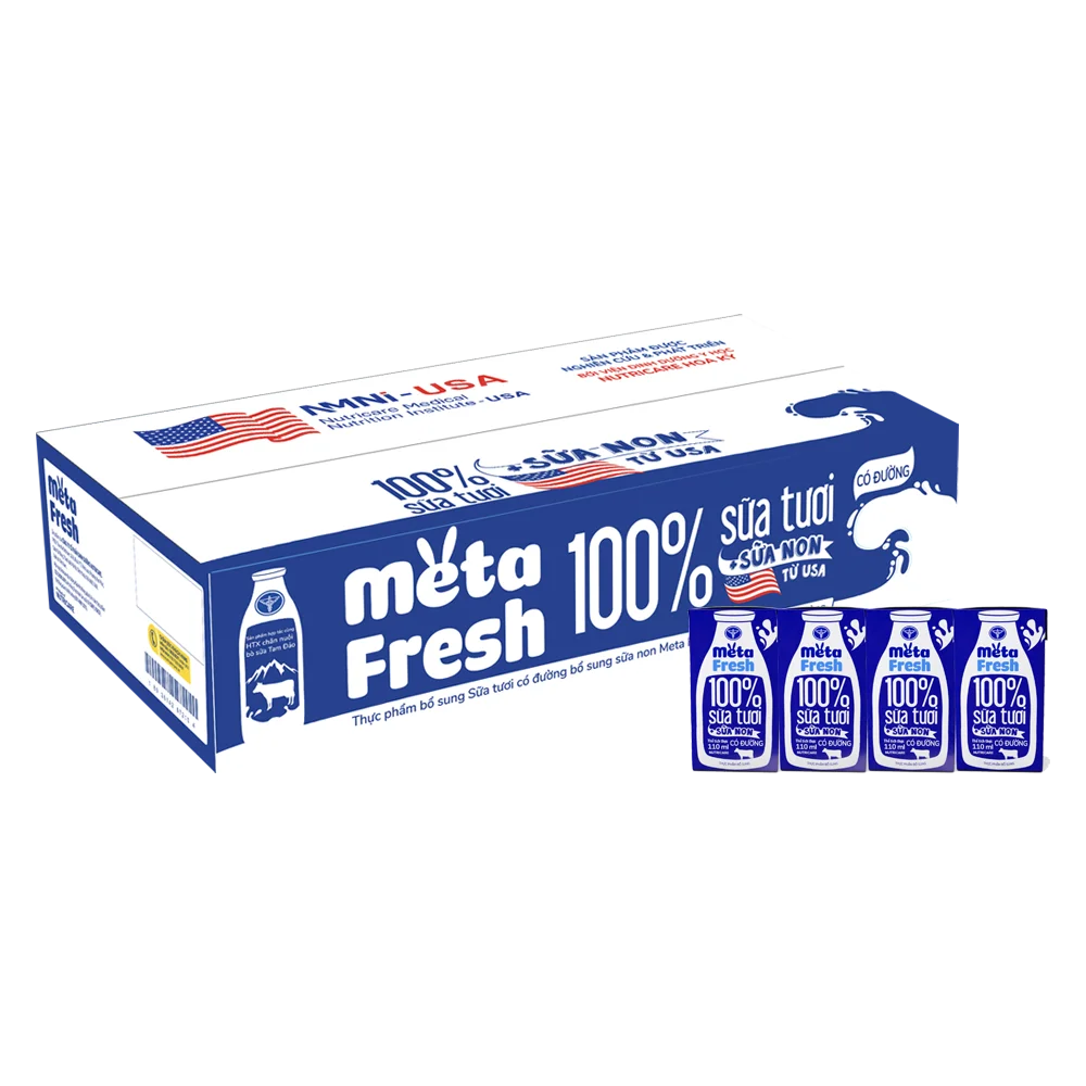 Thùng sữa tươi có đường bổ sung sữa non Metafresh 110ml, lốc 4 hộp