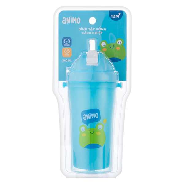 Bình tập uống PP 2 lớp kèm dây đeo Animo (340ml, xanh, RK3415A)