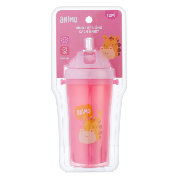 Bình tập uống PP 2 lớp kèm dây đeo Animo (340ml, hồng, RK3415A)