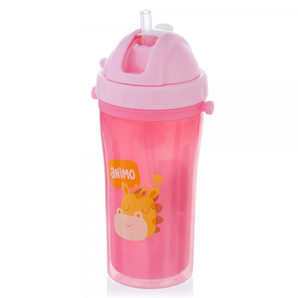 Bình tập uống PP 2 lớp kèm dây đeo Animo (340ml, hồng, RK3415A)