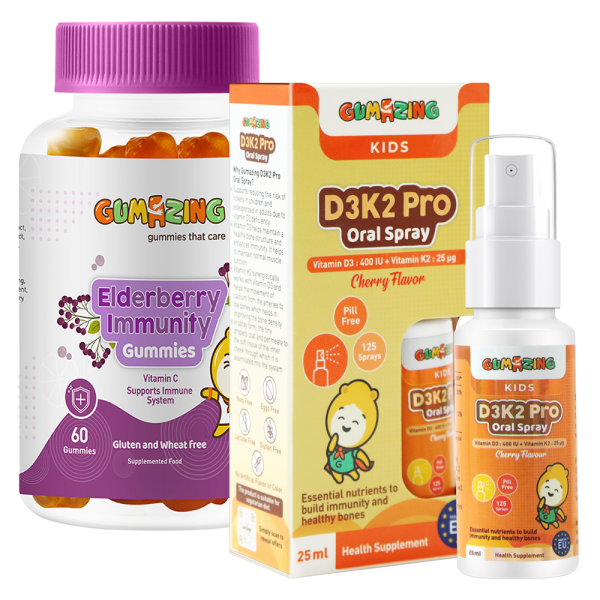 Combo 1 Thực phẩm bảo vệ sức khoẻ Gumazing D3K2 Pro Oral Spray 25ml và 1 TPBS Gumazing Elderberry Immunity Gummies