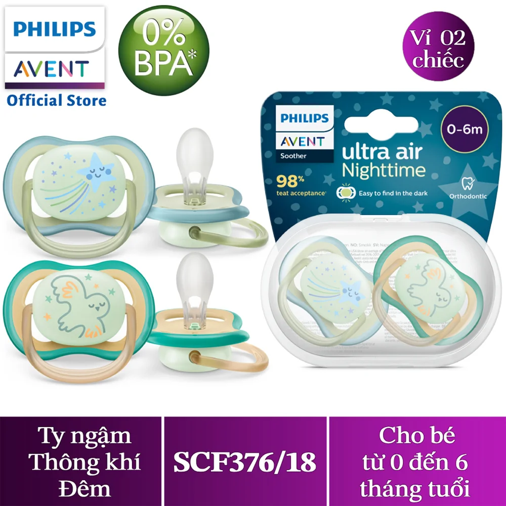 Ty ngậm Philips Avent dạ quang cho bé 0-6M (SCF376/18, vỉ đôi)