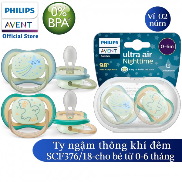 Ty ngậm Philips Avent dạ quang cho bé 0-6M (SCF376/18, vỉ đôi)