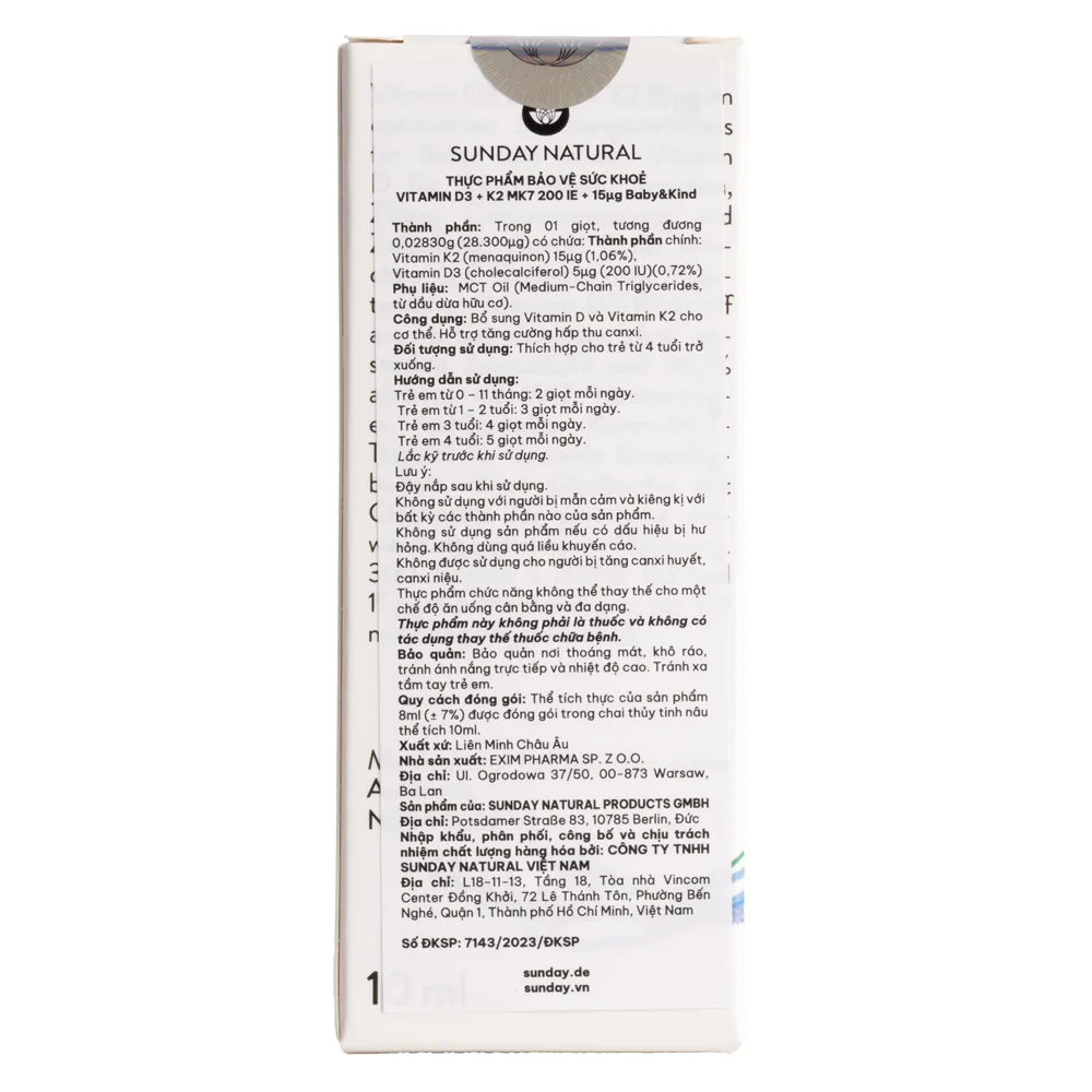 Thực phẩm bảo vệ sức khỏe  Vitamin D3+K2 MK7 200IE + 15ug Baby&Kind Sunday Natural