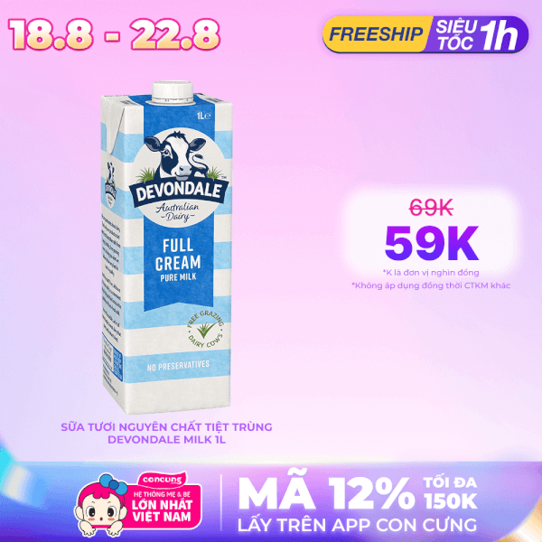 Sữa tươi nguyên chất tiệt trùng DEVONDALE MILK 1L