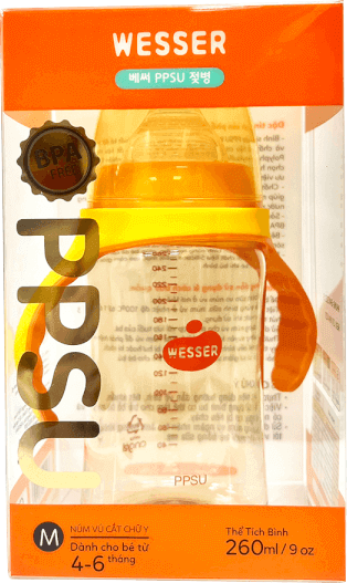 Bình sữa Wesser nhựa PPSU có tay cầm cổ rộng 260ml (Giao bao bì ngẫu nhiên)