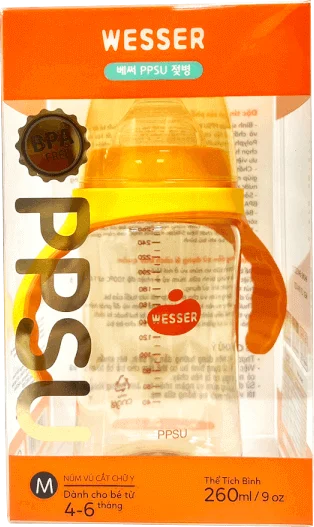 Bình sữa Wesser nhựa PPSU có tay cầm cổ rộng 260ml (Giao bao bì ngẫu nhiên)