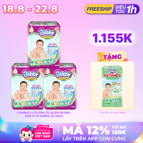 Combo 3 gói Bỉm tã quần Bobby size M 76 miếng (6-10kg)