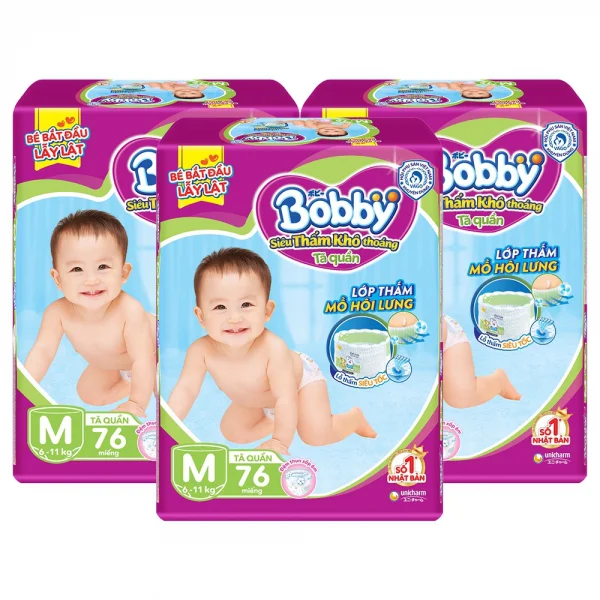 Combo 3 gói Bỉm tã quần Bobby size M 76 miếng (6-10kg)