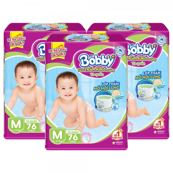 Combo 3 g&oacute;i Bỉm t&atilde; quần Bobby size M 76 miếng (6-10kg)