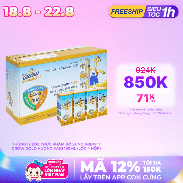 Thùng thực phẩm bổ sung Abbott Grow Gold hương vani 180ml (Lốc 4 hộp) - 12 lốc