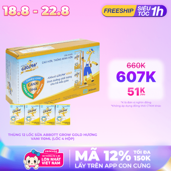 Thùng sữa Abbott Grow Gold hương vani 110ml (Lốc 4 hộp)