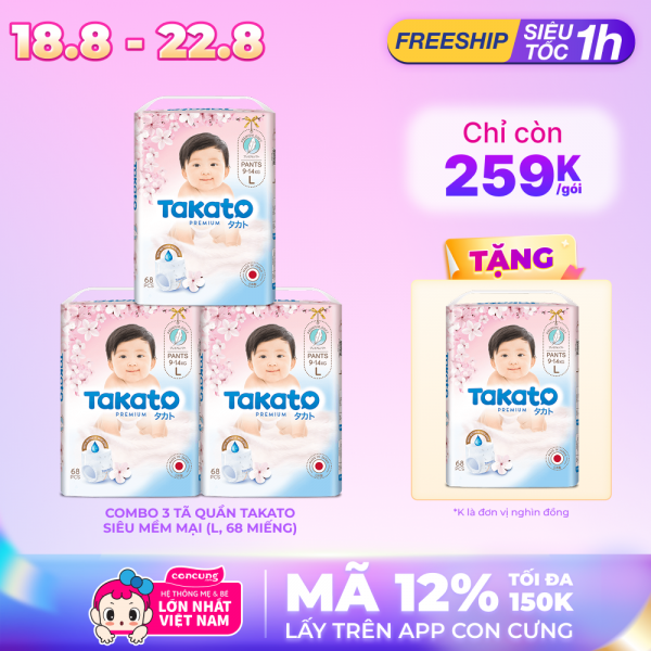 Combo 3 Tã quần Nhật Bản Takato siêu mềm mại (L, 68 miếng)