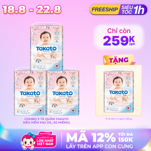 Combo 3 Tã quần Nhật Bản Takato siêu mềm mại (XL, 62 miếng)