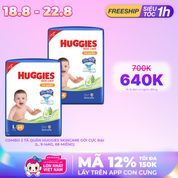 Combo 2 Tã quần Huggies Skincare gói cực đại (L, 9-14kg, 68 miếng)