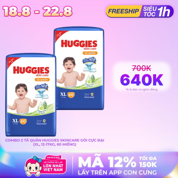 Combo 2 Tã quần Huggies Skincare gói cực đại (XL, 12-17kg, 60 miếng)