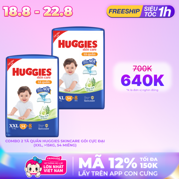 Combo 2 Tã quần Huggies Skincare gói cực đại (XXL, >15kg, 54 miếng)
