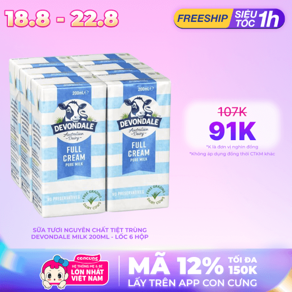 Sữa tươi nguyên chất tiệt trùng DEVONDALE MILK 200ml - Lốc 6 hộp