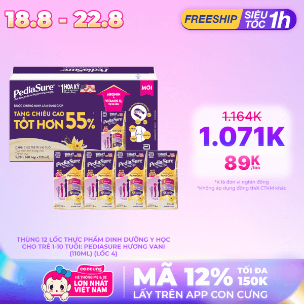 Thùng Thực phẩm dinh dưỡng y học cho trẻ 1-10 tuổi: Pediasure hương vani (110ml) (Lốc 4)