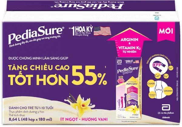 Thùng Thực phẩm dinh dưỡng y học cho trẻ 1-10 tuổi: Pediasure hương vani (180ml) (Lốc 4)