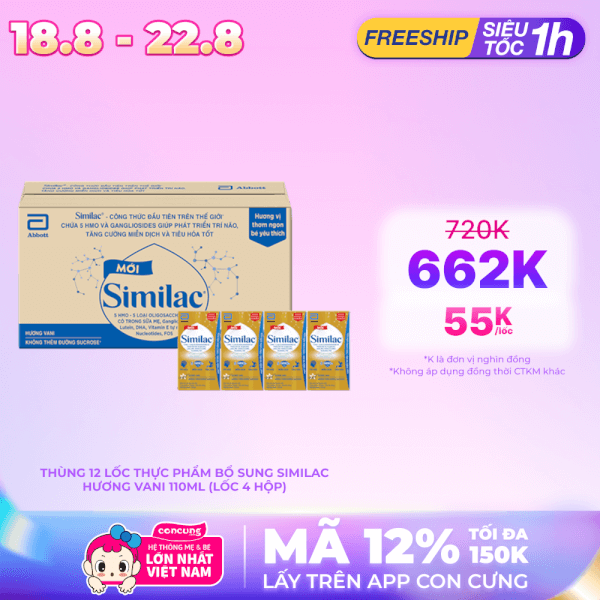 Thùng thực phẩm bổ sung Similac hương vani 110ml (Lốc 4 hộp)