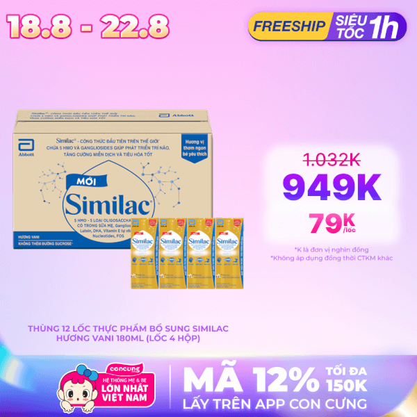 Thùng thực phẩm bổ sung Similac hương vani 180ml (Lốc 4 hộp)