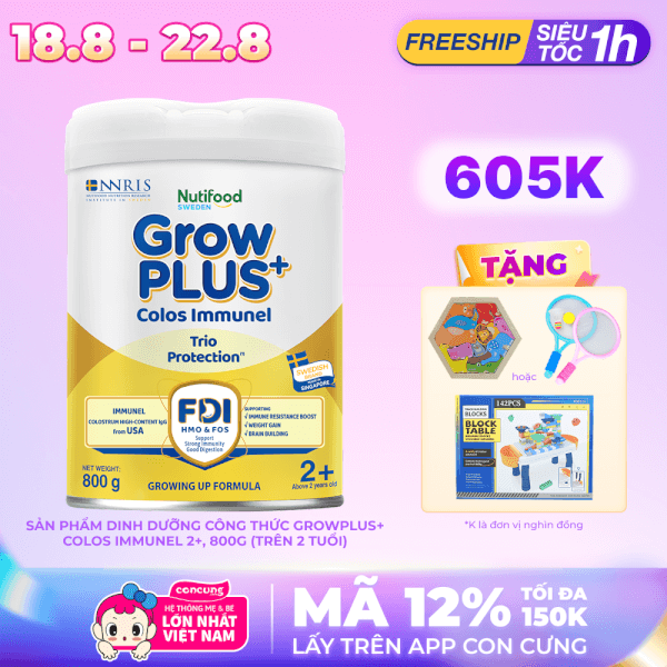 Sản phẩm dinh dưỡng công thức GrowPLUS+ Colos Immunel 2+, 800g ( trên 2 tuổi)