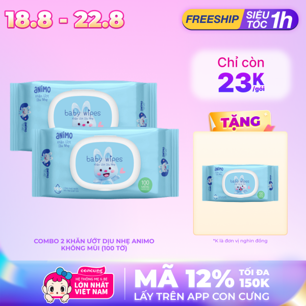 Combo 2 khăn Ướt Dịu Nhẹ Animo không mùi (100 tờ)