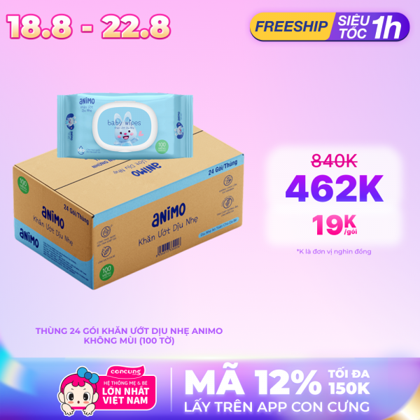 Thùng Khăn Ướt Dịu Nhẹ Animo không mùi (100 tờ)