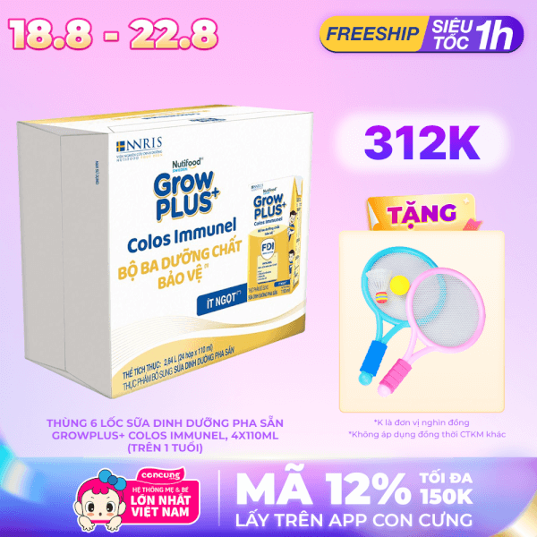 Combo 6 Thực phẩm bổ sung sữa dinh dưỡng pha sẵn GrowPLUS+ Colos Immunel, 4x110ml (trên 1 tuổi)