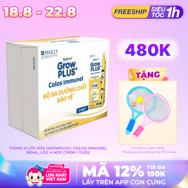 Combo 6 lốc Sữa GrowPLUS+ Colos Immunel 180ml, lốc 4 hộp (Trên 1 tuổi)