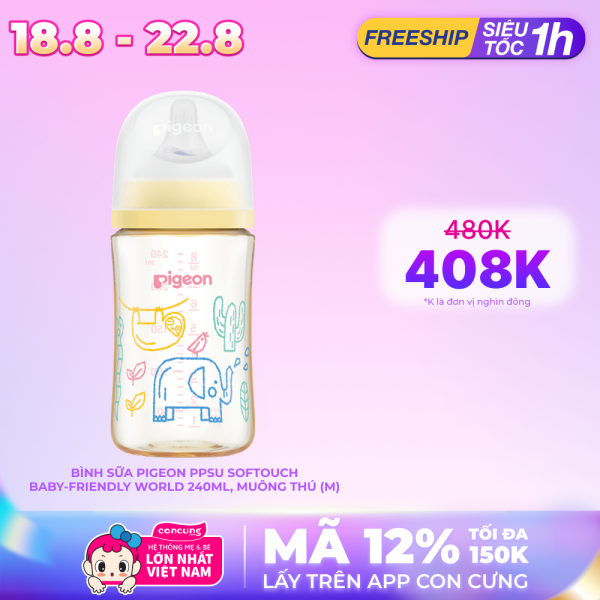 Bình Sữa Pigeon PPSU Softouch Baby-Friendly World 240ml, muông thú (M)