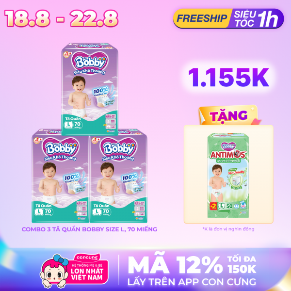 Combo 3 Tã quần Bobby size L, 70 miếng (giao bao bì ngẫu nhiên)